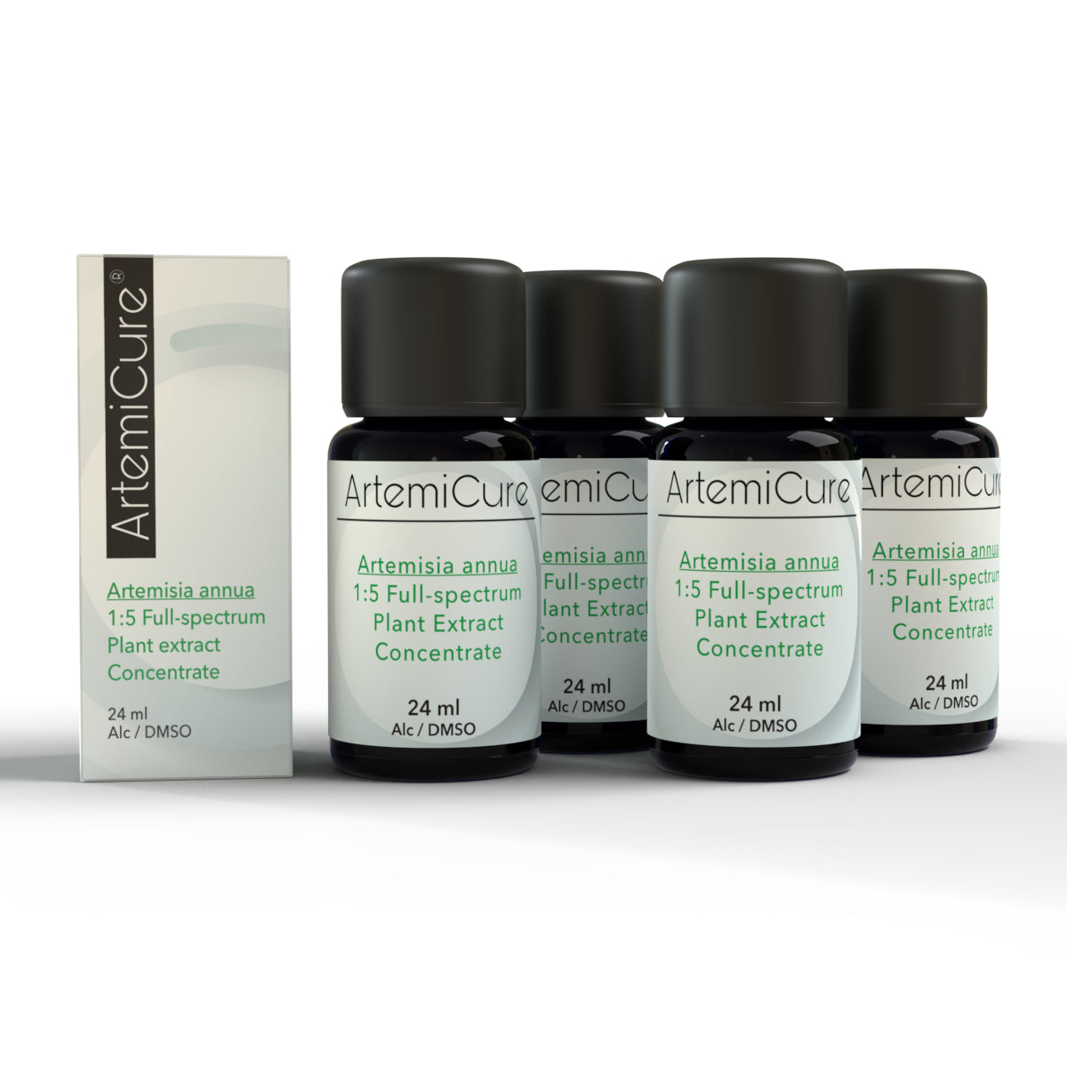 ArtemiCure Artemisia annua 1:5 Full-Spectrum Plant Extract – Set of 4 bottles (96 ml total). Premium herbal tincture with triple extraction (ultrasound, ethanol, DMSO) for optimal bioavailability. High-concentration plant extract in 24 ml bottles, designed for versatile applications