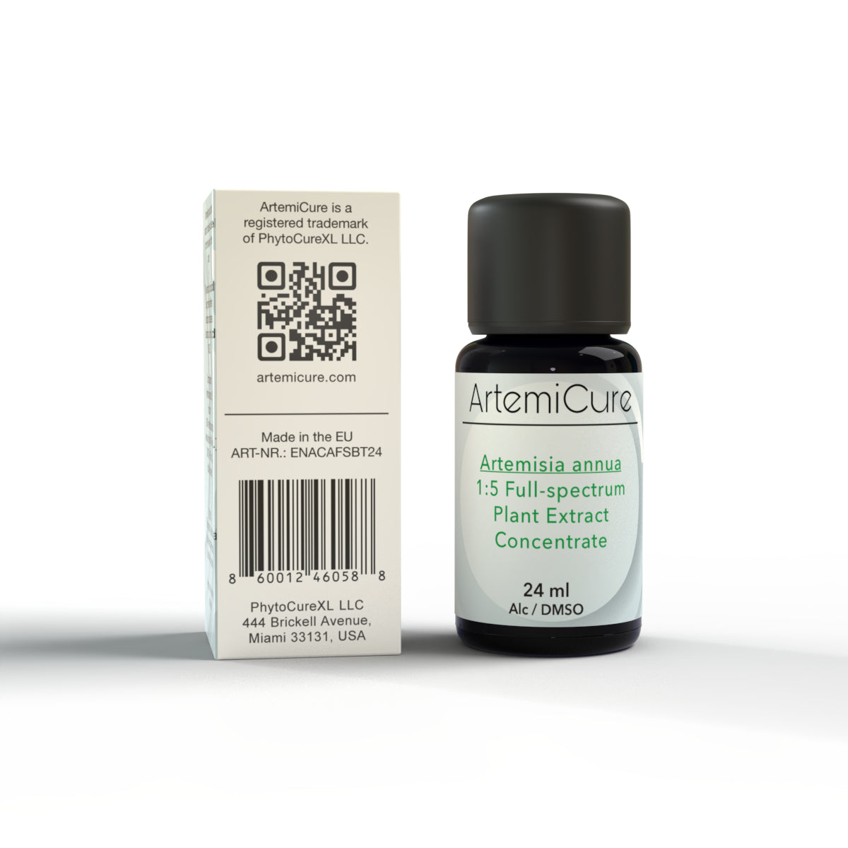 Back view of ArtemiCure Artemisia annua 1:5 Full-Spectrum Plant Extract. QR code, product details, barcode, and manufacturer information (PhytoCureXL LLC, Miami, USA). High-concentration herbal extract in 24 ml bottles.