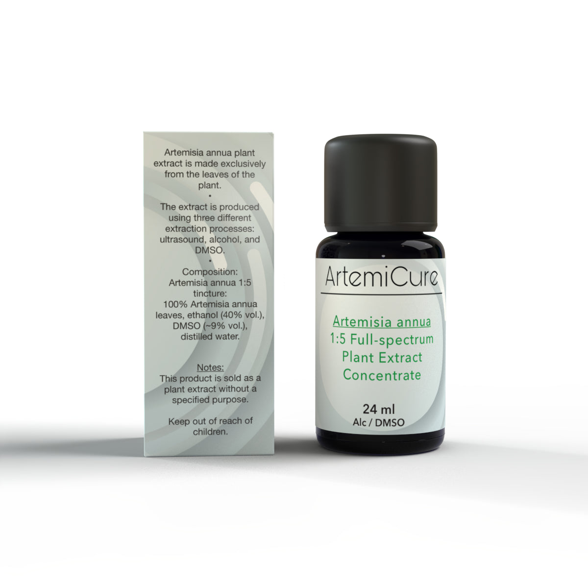 Side view of ArtemiCure Artemisia annua 1:5 Full-Spectrum Plant Extract. Ingredients: Artemisia annua leaves, ethanol (40%), DMSO (~9%), and distilled water. High-quality full-spectrum herbal extract in a 24 ml bottle.